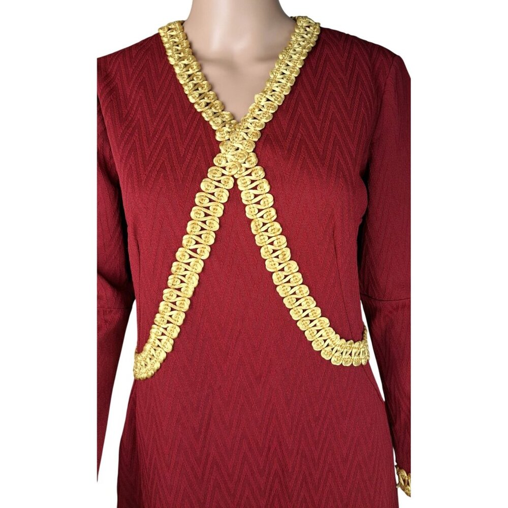 Vintage Handmade Maroon Dress Gold Gimp Trim Long Sleeve Chevron Texture Zip 70s - Picture 4 of 16